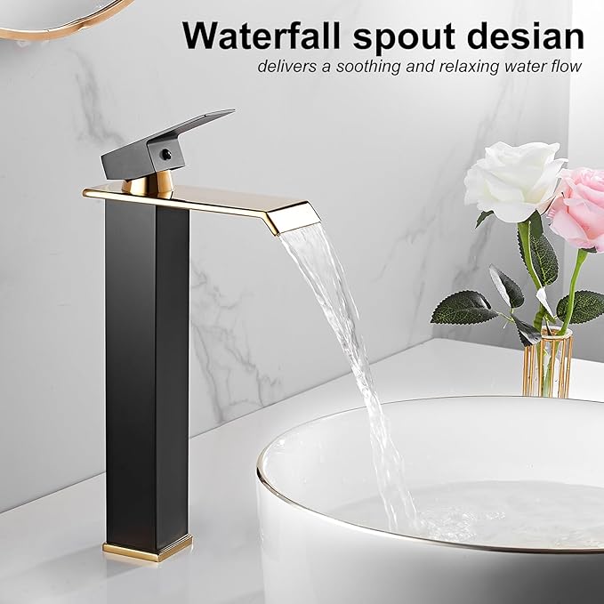 Matte Black Bathroom Faucet Golden Waterfall Vessel Sink Faucet Single Handle Bowl Vanity Sink Faucet Modern Single Hole Basin Bathroom Sink Faucet with Pop Up Drain and Faucet Supply Hose