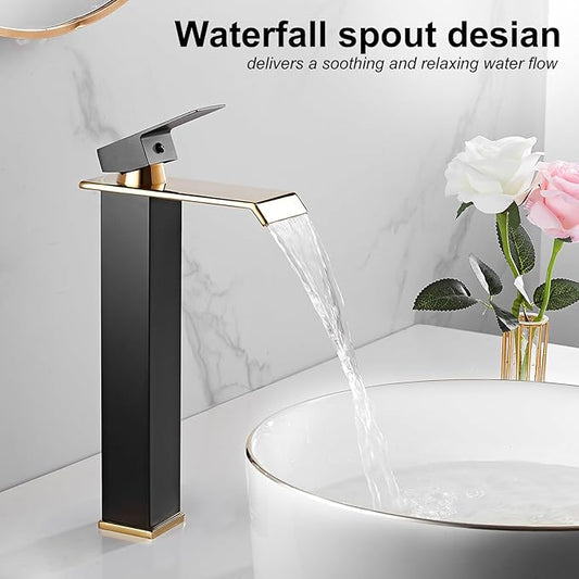 Matte Black Bathroom Faucet Golden Waterfall Vessel Sink Faucet Single Handle Bowl Vanity Sink Faucet Modern Single Hole Basin Bathroom Sink Faucet with Pop Up Drain and Faucet Supply Hose