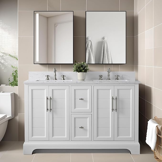HOMEBEYOND 54 Inch Bathroom Vanity with Double Sink & Ceramic Top, Vanity Cabinet with Center Countertop Basin, Soft-Closing Doors, Backsplash, White