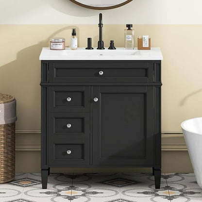 Merax 30 inch Bathroom Vanity with Ceramic Sink, Solid Wood Frame Modern Bathroom Sink Storage Cabinet with 2 Drawers and a Tip-Out Drawer, Single Sink Bathroom Vanities, Black