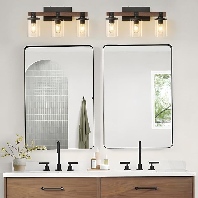 Bathroom Light Fixtures Over Mirror Black Farmhouse Vanity Lights 3 Light | Rustic Vintage Wood Bathroom Wall Light Fixtures with Clear Glass Shade for Restroom Bedroom Hallway