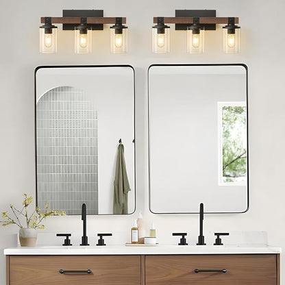 Bathroom Light Fixtures Over Mirror Black Farmhouse Vanity Lights 3 Light | Rustic Vintage Wood Bathroom Wall Light Fixtures with Clear Glass Shade for Restroom Bedroom Hallway