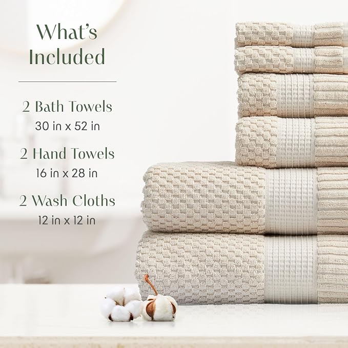 100% Cotton 6 Piece Bath Towel Set | Beige Towels | Oeko‑TEX Standard 100 | Soft & Absorbent, Quick‑Dry | Trinity Collection - Sand