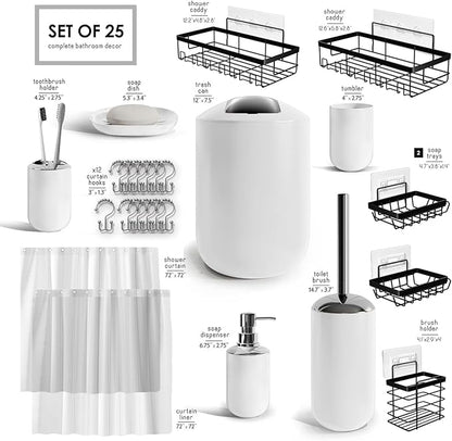 Clara Clark Bathroom Accessories Set - Bathroom Set with Adhesive Corner Shower Caddy Hanging, 25PC Bathroom Accessory Set, White Shower Curtain Set, Toilet Brush, Trash Can & Soap Dispenser