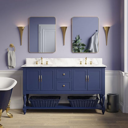 Beverly 60-inch Double Bathroom Vanity (Carrara/Royal Blue): Includes Royal Blue Cabinet with Authentic Italian Carrara Marble Countertop and White Ceramic Sinks