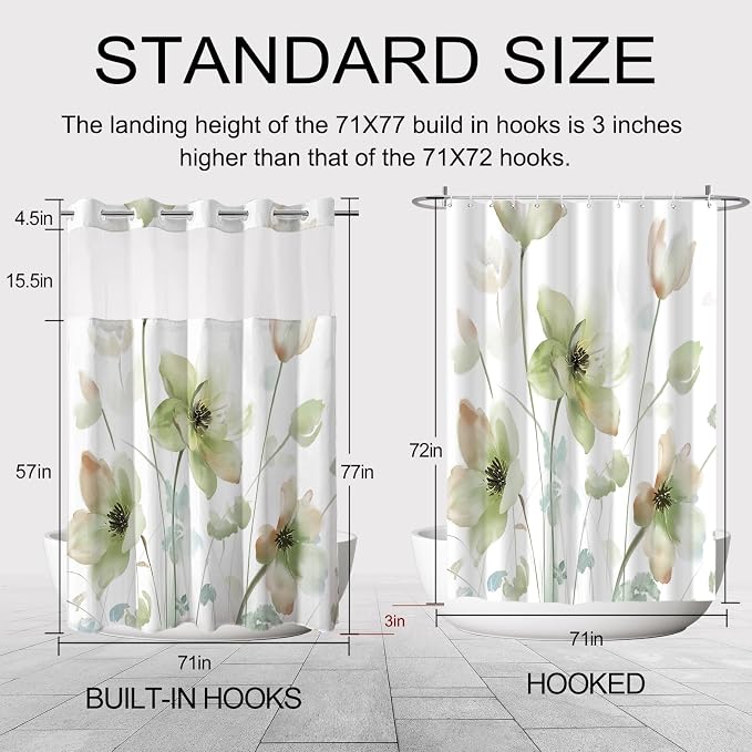 No Hook Shower Curtain and Liner Set, Light Green Floral 71x77 | Watercolor Boho Flower, with Snap in Liner, Mesh Top Window, Waterproof, Machine Washable, Quick-Drying, for Hotel Bathroom