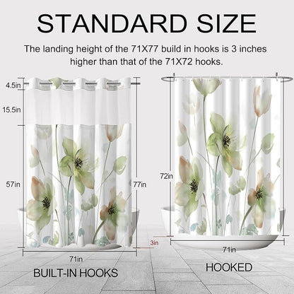 No Hook Shower Curtain and Liner Set, Light Green Floral 71x77 | Watercolor Boho Flower, with Snap in Liner, Mesh Top Window, Waterproof, Machine Washable, Quick-Drying, for Hotel Bathroom