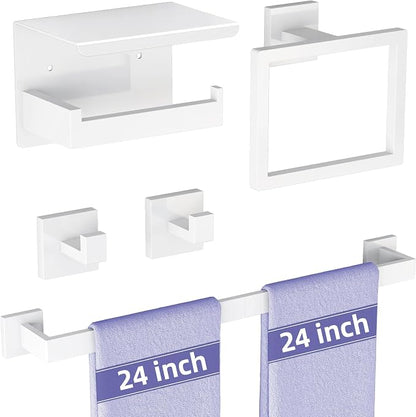 5-Pieces Bathroom Hardware Accessories Set, 24 Inch Stainless Steel Towel Racks for Bathroom, Towel Bar Set Towel Ring Coat Hook and Toilet Paper Holder with Shelf Wall Mounted, White