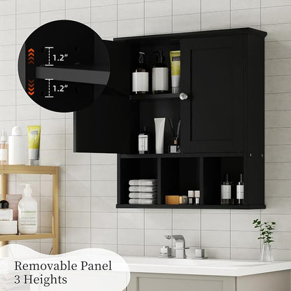 Shintenchi Bathroom Medicine Cabinet, Wall Mounted, Adjustable Shelf, Black | Over The Toilet Cupboard, Open & Concealed Storage, 2 Magnet Doors, Space-Saving, Easy to Clean