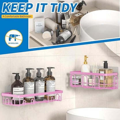 DTUQYX Shower Caddy 18 Pack,Adhesive Organizer for Bathroom Decor Accessories & Kitchen Storage,No Drilling,Large Capacity,Rustproof Stainless Steel Organizer,Home Decor Shelves (Pink 18 Pack)
