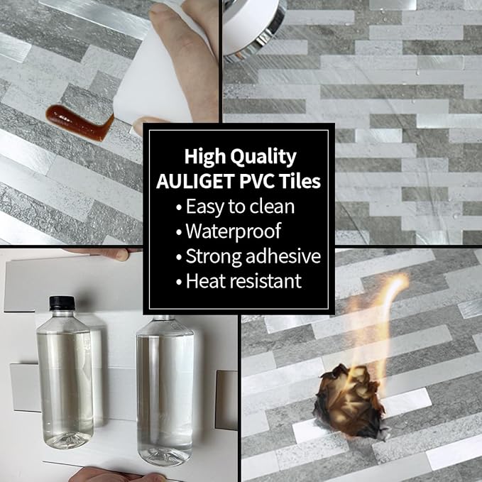 AULIGET 20 Sheets Faux Stone Peel and Stick Backsplash, Grey Slate Look PVC Wall Tile Stick on Backsplash for Kitchen and Bathroom