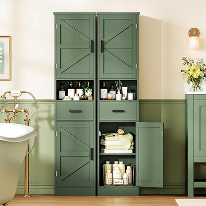 TEENFON 67" H Tall Bathroom Storage Cabinet with Barn Doors and Drawer, Narrow Bathroom Cabinet, Narrow Storage Unit, Adjustable Shelves, Floor Cabinets for Living Room, Forest Green