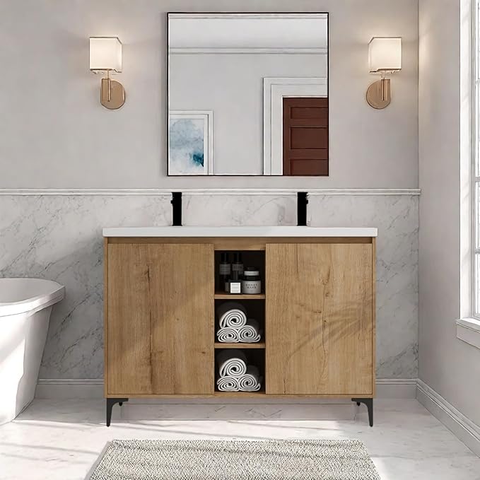 Freestanding Bathroom Vanity, 48" Bathroom Storage Cabinet with Double Resin Sinks, 2 Soft-Close Doors & 3 Open Storage Shelves, Floor Vanity with Adjustable Shelf & Black Tripod Base, Oak