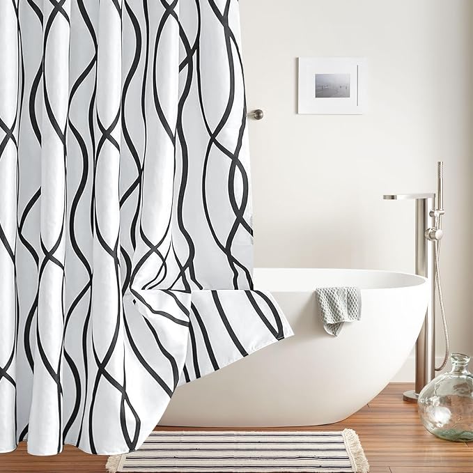 Fabric Modern Extra Long Shower Curtains for Bathroom-Black and White | 72"W x 84"L Textured Faux Linen Luxury Hotel Quality Washable-Abstract Wavy Cloth Bath Curtain-Apartment Minimalist Decor