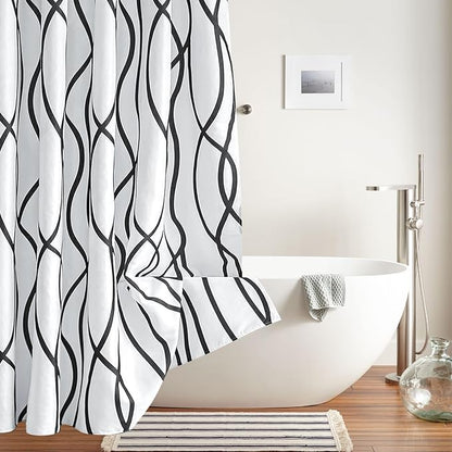 Fabric Modern Extra Long Shower Curtains for Bathroom-Black and White | 72"W x 84"L Textured Faux Linen Luxury Hotel Quality Washable-Abstract Wavy Cloth Bath Curtain-Apartment Minimalist Decor
