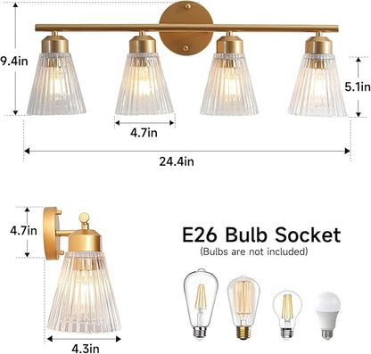 4-Light Bathroom Vanity Light, Painted Gold Bathroom Light Fixtures Over Mirror with Stripe Glass, Modern Wall Lamp, Wall Sconces Lighting for Living Room Bedroom Kitchen Hallway