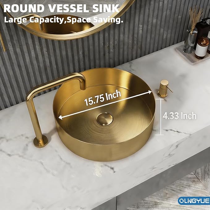 Brushed Gold Bathroom Vessel Sink: 16" Modern Round Countertop Washbasin | Above Counter Lavatory Basin with Stainless Steel PVD Coating Pop Up Drain for Home Hotel Office Toilet Decoration Remodeling