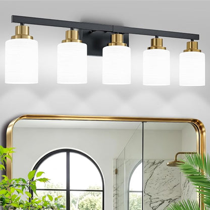 Bathroom Vanity Light, 5-Light Vanity Lighting Black and Gold,30" | Black and Gold Wall Light Fixture,Bathroom Light Fixtures with Frosted Glass Shade for Mirror Bedroom Restroom Sink