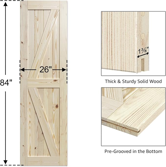 SmartStandard 26in x 84in Sliding Barn Wood Door Pre-Drilled Ready to Assemble, DIY Unfinished Solid Spruce Wood Panelled Slab, Interior Single Door Only, Natural, K-Frame (Fit 5FT Rail) | Pre-Drilled Ready to Assemble, DIY Unfinished Solid Spruce Wood...