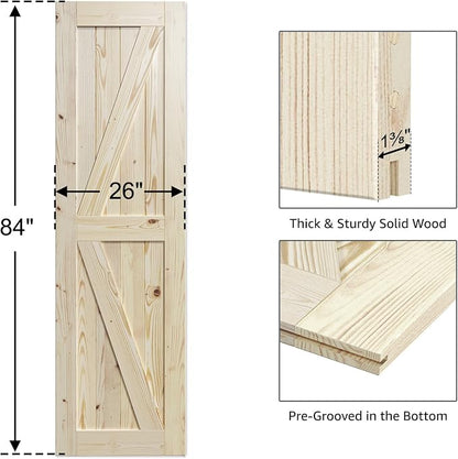 SmartStandard 26in x 84in Sliding Barn Wood Door Pre-Drilled Ready to Assemble, DIY Unfinished Solid Spruce Wood Panelled Slab, Interior Single Door Only, Natural, K-Frame (Fit 5FT Rail) | Pre-Drilled Ready to Assemble, DIY Unfinished Solid Spruce Wood...
