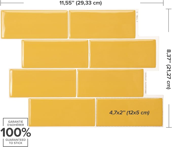 Smart Tiles Peel and Stick backsplash, Subway Yellow, 11.55"x8.38" | Pack of 5 (2.8 sq ft), Glossy, Heat/Moisture Resistant, Low VOC, Kitchen/Bathroom, Renter Friendly, Made in Canada