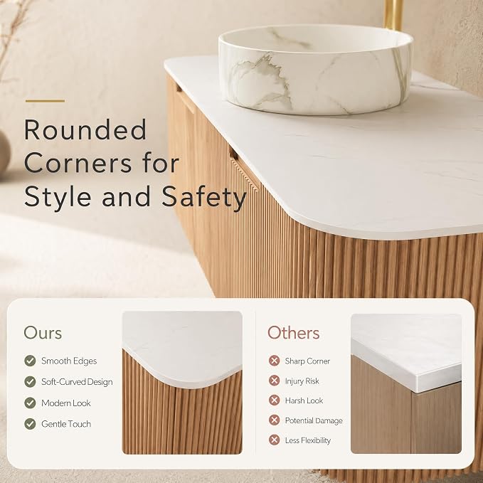 48 Inch Bathroom Vanity with Sink, Floating Wall Mounted Single Sink Vanity, Natural Woodgrain Curved Fluted Front, Stone Top, Marble-Look Round Vessel Basin, Pre-Assembled