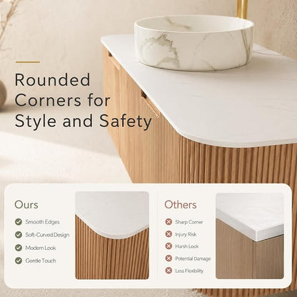 48 Inch Bathroom Vanity with Sink, Floating Wall Mounted Single Sink Vanity, Natural Woodgrain Curved Fluted Front, Stone Top, Marble-Look Round Vessel Basin, Pre-Assembled