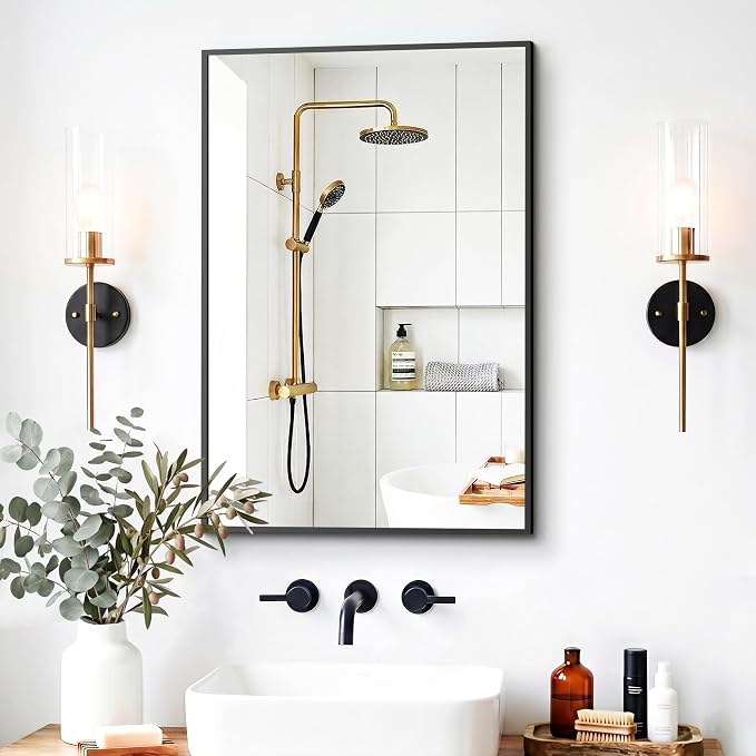 Bathroom Mirror for Wall, 2 Pack 20"x30" Black Vanity Mirror | Sturdy Rectangular Metal Frame, HD Tempered Glass, Hangs Horizontally or Vertically in Bedroom, Living Room, Entryway