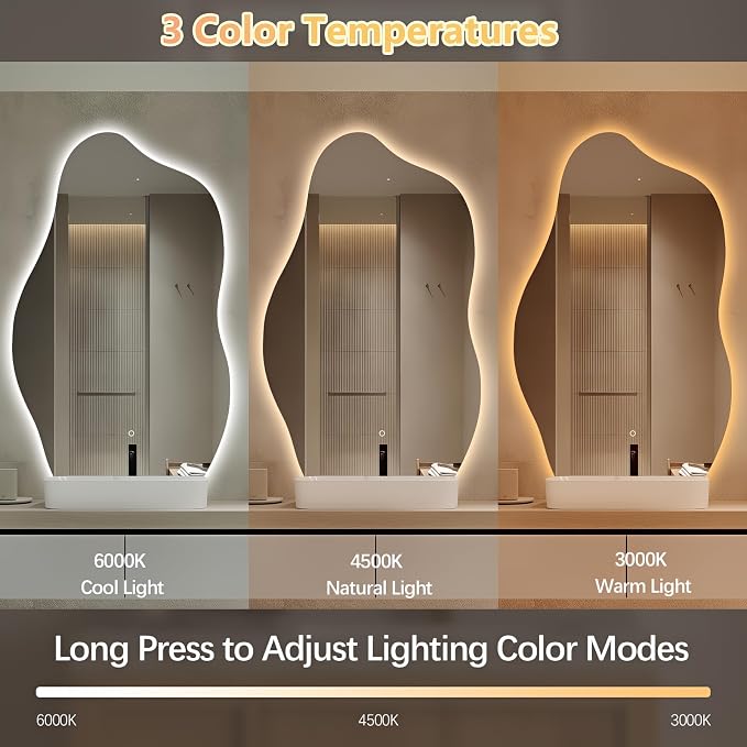 Niccy Irregular LED Bathroom Mirror, Wavy Backlit Wall Mirror, 24"x40" | Frameless Lighted Mirror for Bedroom Living Room, Modern Smart-Mirror with 3 Color Lighting, Anti-Fog, Memory Function