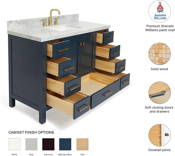 Beckford 48-Inch Bathroom Vanity with Sink — Midnight Blue Single Sink Bathroom Vanity, 1.5" Edge Italian Carrara Marble Top, Solid Wood, 2 Soft-Close Doors, 9 Dovetail Drawers