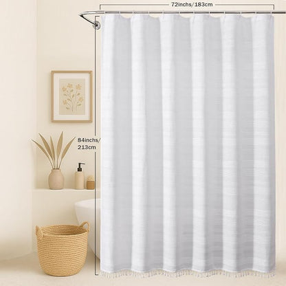 Extra Long White Boho Shower Curtain 84 Inch Long, Modern Farmhouse Heavy Duty Textured Soft Fabric, Rustic Country Cloth Shower Curtain with Tassel for Bathroom Hotel, 72Wx84L, White