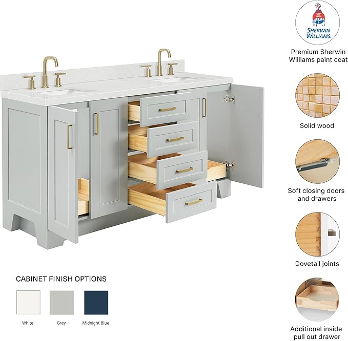 DKB Emilia 66" Grey Double Bathroom Vanity, 1.5" Edge Carrara Quartz Countertop, Double Rectangular Sinks, 4 Soft Closing Doors, 6 Full Extension Dovetail Drawers, Satin Brass