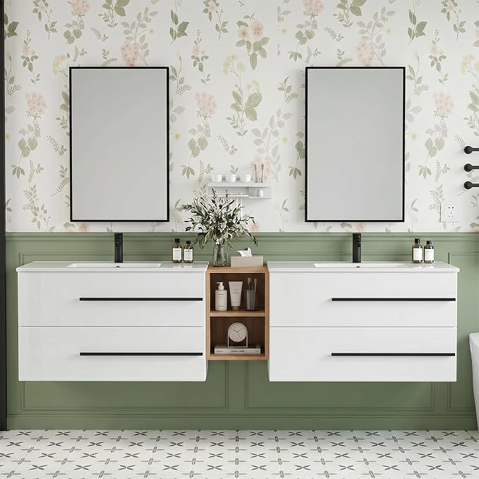 84 Inch Floating Double Sink Bathroom Vanity, Modern Bathroom Vanity with Double Sink, Painted Surface Wall Mounted Bathroom Cabinet with Large Storage Drawers,White&Natural