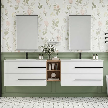 84 Inch Floating Double Sink Bathroom Vanity, Modern Bathroom Vanity with Double Sink, Painted Surface Wall Mounted Bathroom Cabinet with Large Storage Drawers,White&Natural