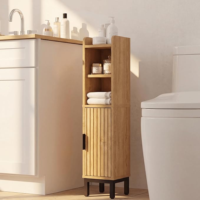 Small Bathroom Storage Cabinet, Corner Narrow Toilet Paper Floor Cabinet with Door and Shelves,Bathroom Organizer with Adjustable Shelf, for Small Spaces (Oak, 4-Tier)