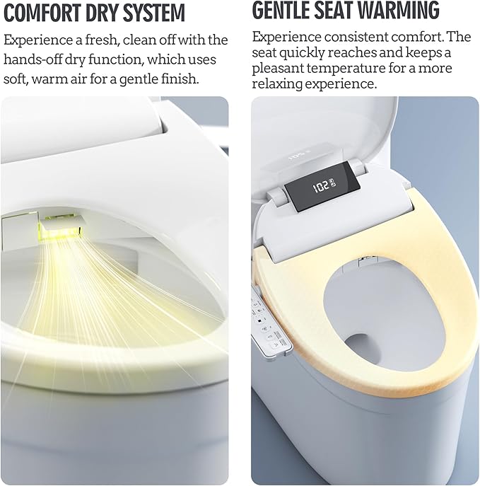 Heated Bidet Toilet Seat with Dual-Position Control Mode, Side Panel & Remote Control, Self-Cleaning Nozzle, Adjustable Warm Water and Dryer, Display Screen, Night Light, Round