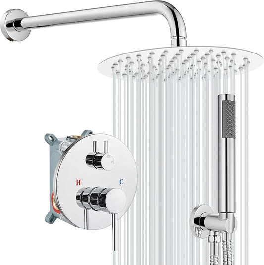gotonovo Shower Faucet Set with Rough-in Valve Trim Kit,Polish Chrome | 10 Inch Round Rain Showerhead with Handheld Spray,Bathroom Wall Mount Shower System Complete Combo,2-in-1 Diverter,All Metal