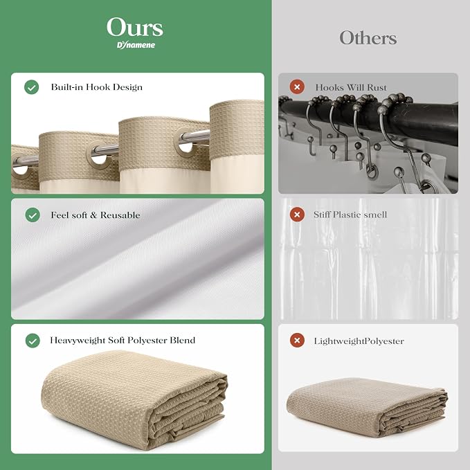 Beige Hook Free Waffle Shower Curtain & Snap-in Fabric Liner,60x75 | Less Time to install, 3 in 1 Fabric Shower Curtain and Liner Set with Magnets, Stall, Shower Curtains for Bathroom
