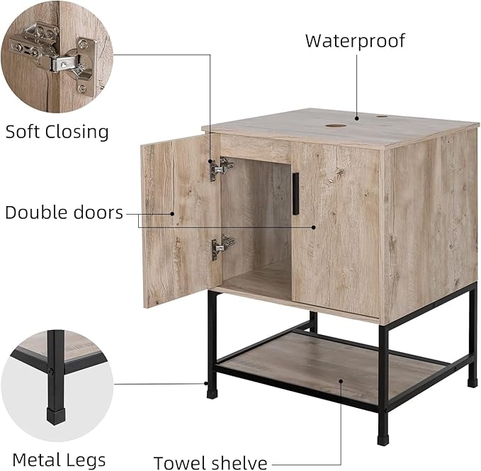 UEV 36" Rustic Oak Bathroom Vanity with Sink Combo,Industrial Iron Frame Bathroom Cabinet Sets with 3 Drawers Side Cabinet,Modern Champagne Boat Tempered Glass Vessel Sink(029CH