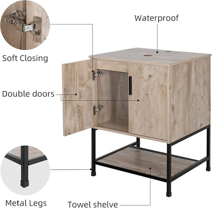 UEV 36" Rustic Oak Bathroom Vanity with Sink Combo,Industrial Iron Frame Bathroom Cabinet Sets with 3 Drawers Side Cabinet,Modern Artistic Ceramic Vessel Sink(032WH)
