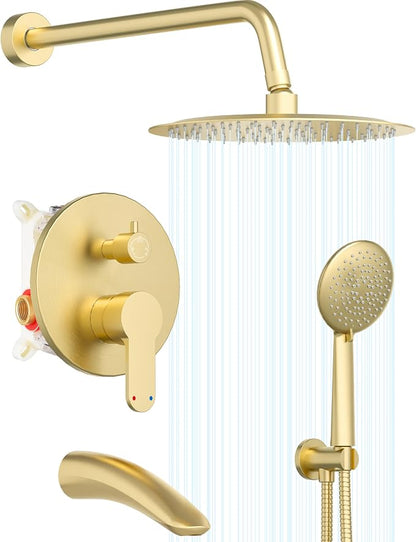 Gabrylly Shower System with Tub Spout, Bathtub Shower Faucet Set with 10" Rain Shower head and 5-Setting Handheld Shower, Wall Mounted Shower Fixtures with Pressure Balance Shower Valve, Brushed Gold