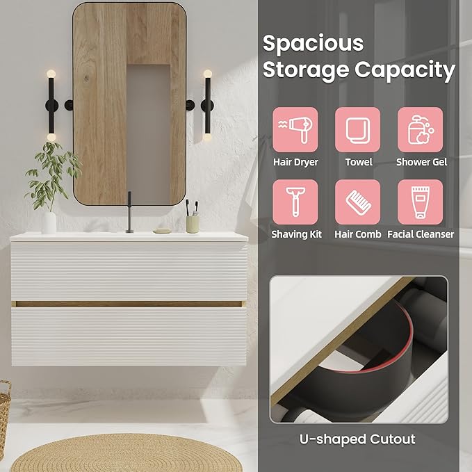 36'' Floating Bathroom Vanity with Sink Combo, Modern Bathroom Cabinet with 2-Soft Close & Large Storage Drawers, for Bath, Apartment, Hotel, White and Natural (Already Assembled)