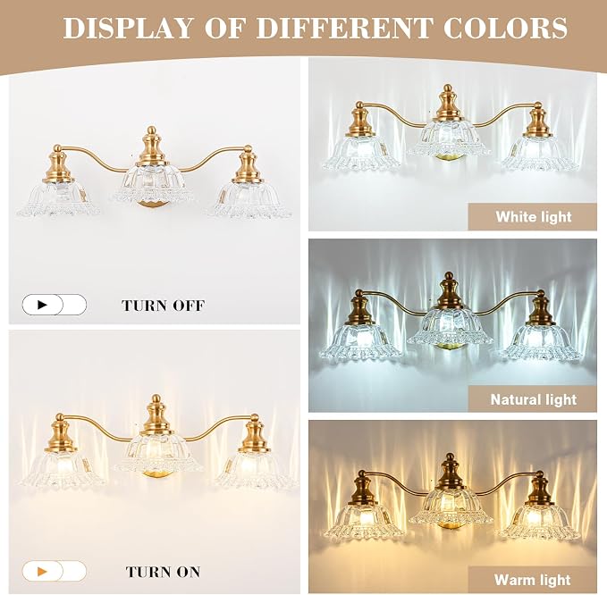 Gold Bathroom Light Fixtures Over Mirror, 3 Light Vintage Bathroom Vanity Light Fixture with Clear Flower Glass Shades, Retro Brass Vanity Lights for Bathroom, Bathroom Vanity Lights Over Mirror