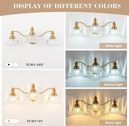 Gold Bathroom Light Fixtures Over Mirror, 3 Light Vintage Bathroom Vanity Light Fixture with Clear Flower Glass Shades, Retro Brass Vanity Lights for Bathroom, Bathroom Vanity Lights Over Mirror