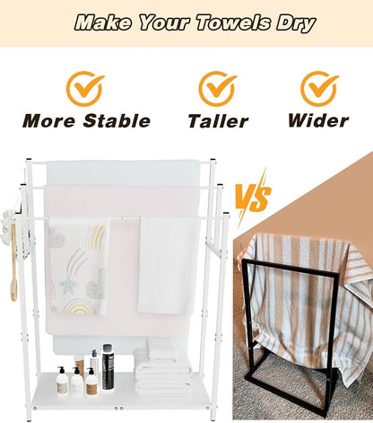 Mondazie 44” Free Standing Towel Racks for Bathroom Towel Storage, White | 3 Tier Oversized Pool Towel Drying Rack Outdoor, Blanket Ladder Holder with Shelf & 6 Hooks for Bedroom Living Room Poolside
