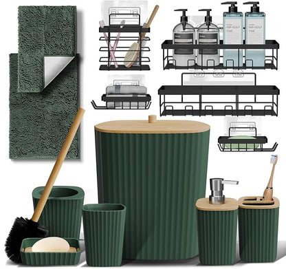 Clara Clark Bathroom Set - Hunter Green Bathroom Accessories Set, 6PC Bathroom Accessory Set, Bathroom Sets with Bathroom Rugs, Adhesive Corner Shower Caddy Hanging, Toilet Brush & Trash Can