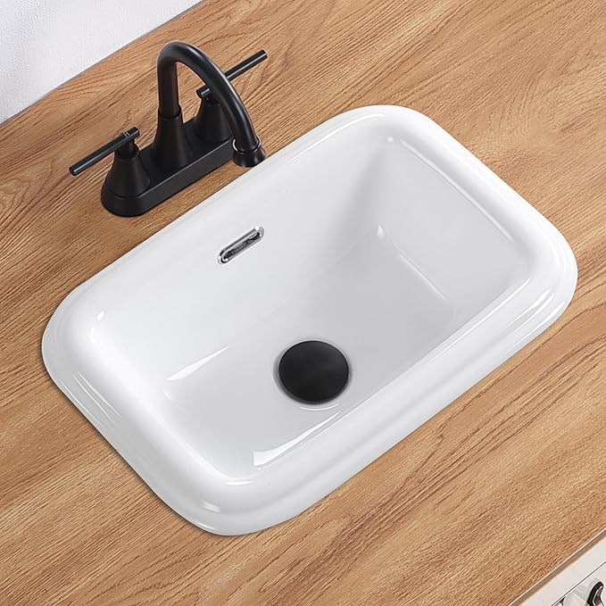 Bathroom Vessel Sink 18 Inch Small Drop In Bathroom Sink Rectangular Semi Recessed Sinks with Overflow White Ceramic Small Vanity Sinks for Tiny Bathrooms
