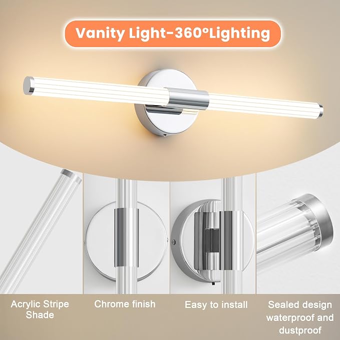 Wall Sconces Set of 2 Hardwired LED Vanity Light Chrome 23" | Dimmable 5CCT LED Bathroom Light Fixtures, 360° Full Lighting, Modern Vanity Light Bar for Bathroom Mirror