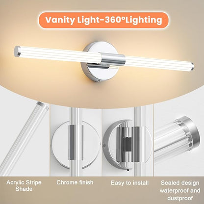 Wall Sconces Set of 2 Hardwired LED Vanity Light Chrome 23" | Dimmable 5CCT LED Bathroom Light Fixtures, 360° Full Lighting, Modern Vanity Light Bar for Bathroom Mirror