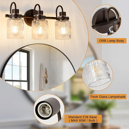 3 Lights Bathroom Vanity Light, Oil Rubbed Bronze Bathroom Light Fixtures with Hammered Glass Lampshade for Dressing Table,Over Mirror,Hallway